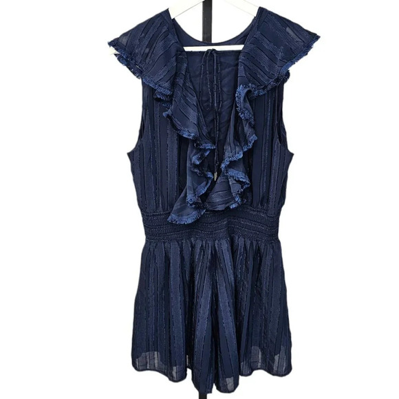 Revolve Finders Keepers Soraya Ruffle  Fringe Trim Romper Blue Tie Back Size 8 - Picture 4 of 11